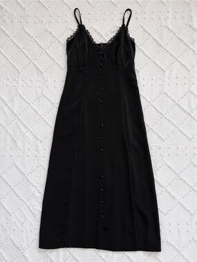 Studio 19 Black Midi Slip Dress | XS | Lace Trim Button Front
